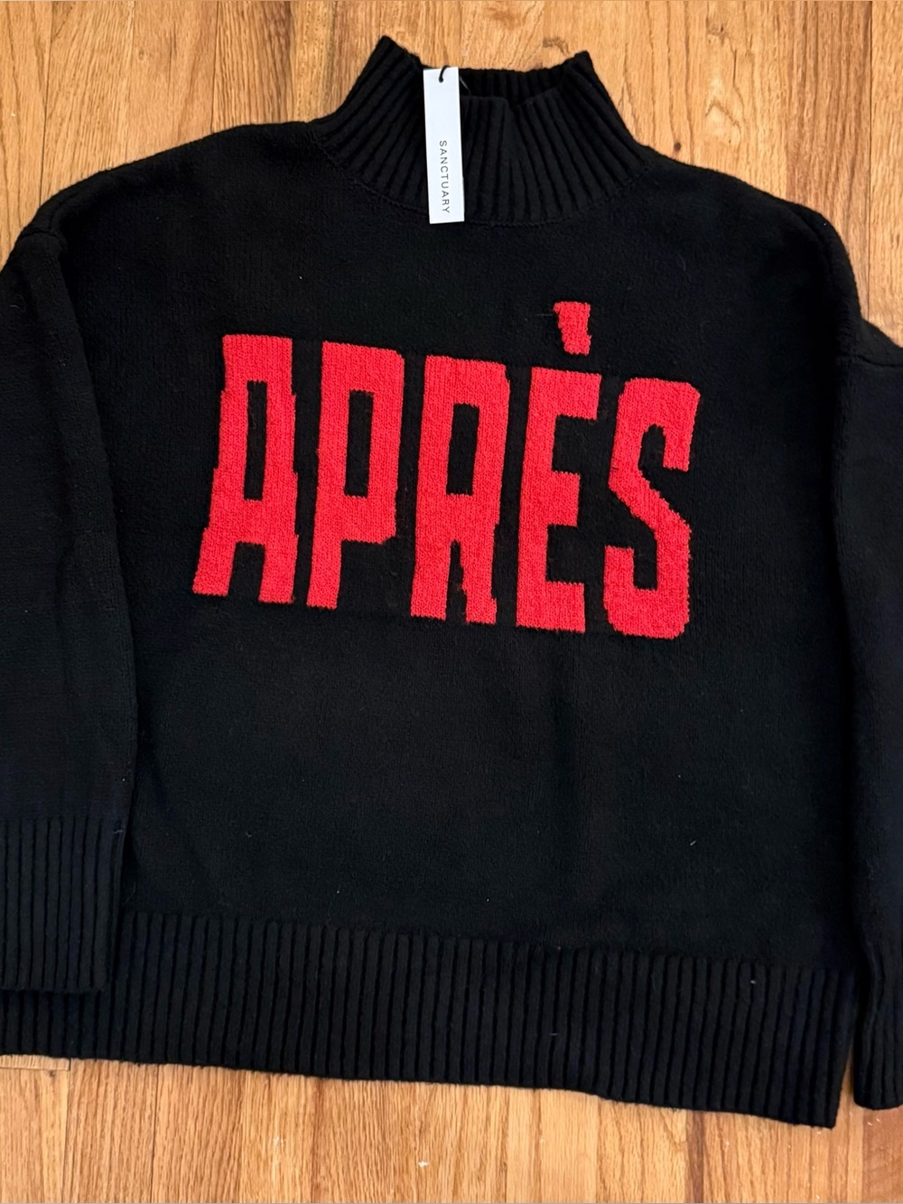Sanctuary Women’s Black Turtleneck OverSized Sweater with Red APRÈS Graphic